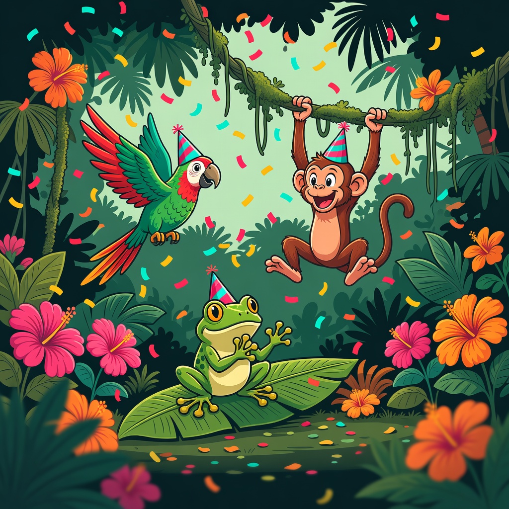 Cartoon jungle animal characters celebrating